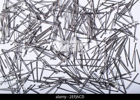 Heap of small metal nails for wood, on a white background. Stock Photo