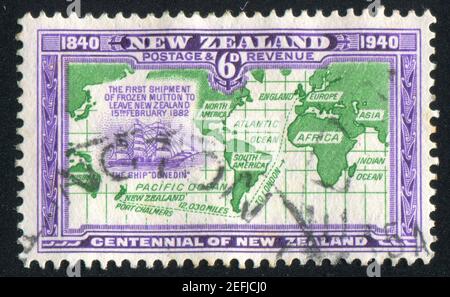 NEW ZEALAND - CIRCA 1940: stamp printed by New Zealand, shows Route of Ship Carrying First Shipment of Frozen Mutton to England, circa 1940 Stock Photo