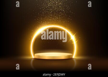 Glowing neon golden circle with sparkles in fog on gold podium. Abstract round electric light frame on dark background. Geometric fashion design vecto Stock Vector