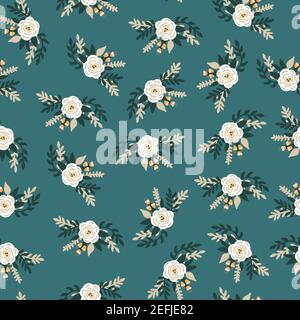 White flowers bridal roses seamless vector pattern. Repeating retro romantic floral background teal blue. Ditsy flower pattern Scandinavian flat style Stock Vector
