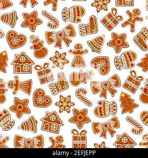 Christmas seamless pattern of gingerbread cookie different shapes. Vector New Year wrapping background of Santa, stars and snowflakes or candy cane an Stock Vector