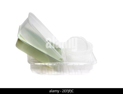 Plastic food and takeaway containers washed for recycle meant to save the environment on a white background Stock Photo