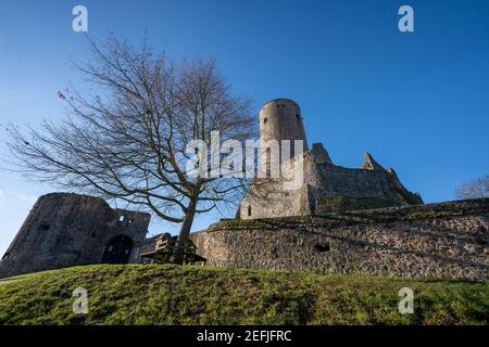 view on the old medieval towers of the ruin muenzenberg hesse germany Stock Photo