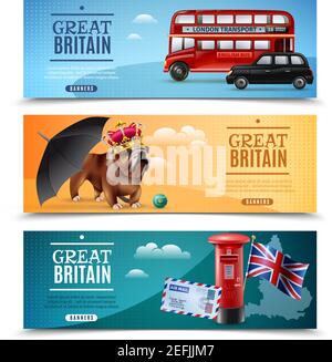 Set of horizontal banners with travel symbols of great britain including umbrella, postbox, bulldog isolated vector illustration Stock Vector