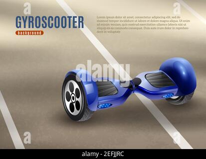 Realistic self-balancing gyro two-wheeled board scooter or hoverboard dark blue with road background poster vector illustration Stock Vector