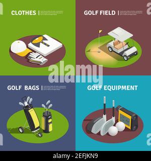 Golf 2x2 isometric design concept with golfer clothes golf bags cart on field and golf equipment square compositions vector illustration Stock Vector