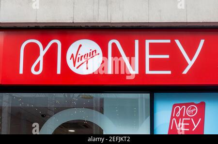 Sign over entrance to Virgin Money bank in Liverpool Stock Photo