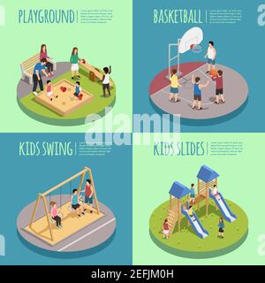 Children playground isometric compositions including kids in sandbox, basketball game, swings and slides isolated vector illustration Stock Vector