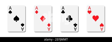 Set of four aces deck of cards. Design for playing poker and casino on white background with shadow. Stock Vector