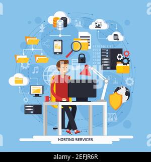 Hosting services concept with Internet and data symbols on blue background flat vector illustration Stock Vector