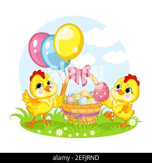 Cute cartoon characters two chickens and the basket with easter eggs. Vector isolated illustration. For postcard, poster, nursery design, cards, stick Stock Vector