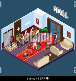 Hotel staff and tourists in hall with red carpet elevator reception and waiting area isometric vector illustration Stock Vector