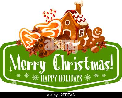 Christmas gingerbread cookie greeting card. Candy cane and ginger cake dessert in shape of man, house and heart festive icon, decorated with snowflake Stock Vector