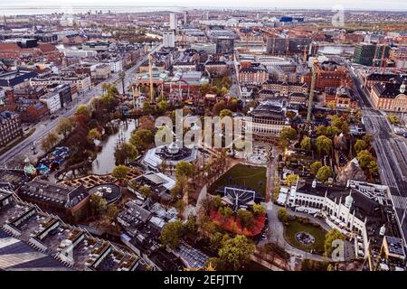 Copenhagen, Denmark. 25th, April 2020. Overlooking the popular amusement park Tivoli Copenhagen in the heart of Copenhagen. Stock Photo