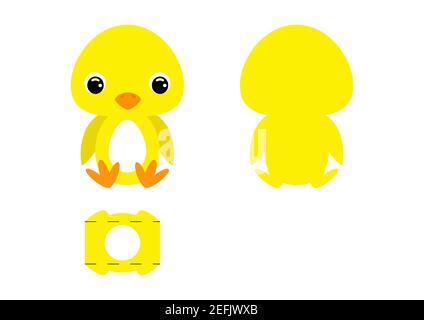 DIY cute chicken chocolate egg holder template. Retail paper box for the easter egg. Printable color scheme. Laser cutting vector template. Stock Vector