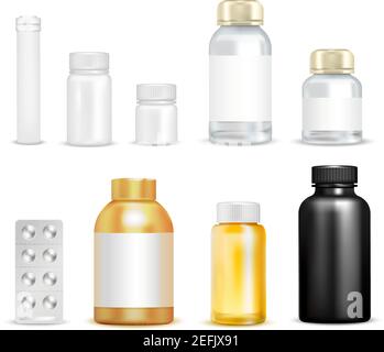 Isolated vitamins packaging images of empty vials transparent flask circumflex caps and blister pack of pills vector illustration Stock Vector