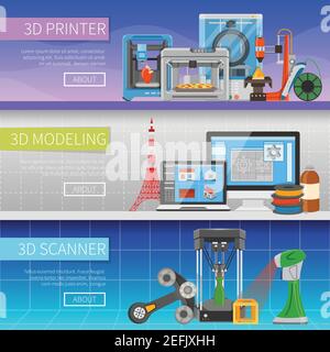 3D printing horizontal banners with place for text information about modeling program scanning process and printer types  flat vector illustration Stock Vector