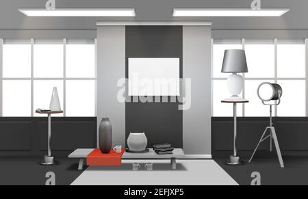 Realistic loft interior with windows on ceiling, red cloth on table, picture frame on wall vector illustration Stock Vector