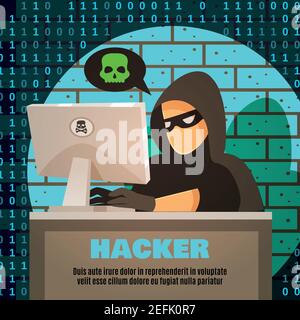 Hacker in gloves and mask near computer and cloud with skull on brick wall background vector illustration Stock Vector