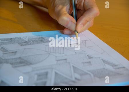 Hand drawing an illustration with pencil. Stock Photo
