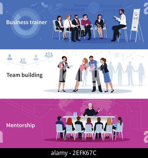 Coaching horizontal flat banners with corporate business training and mentoring at university isolated vector illustration Stock Vector