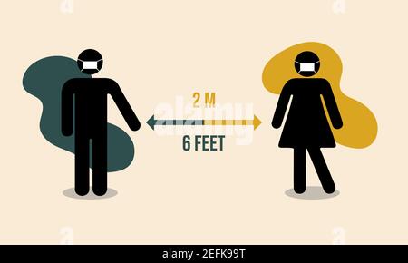 Social distancing. Simple man or woman black silhouettes wearing medical mask and arrow distance between. Keep Safe distance of 2 meter or 6 feet. Soc Stock Vector