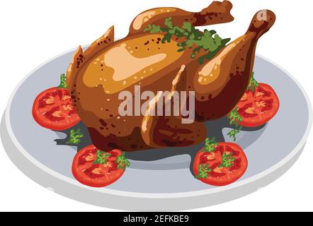 Delicious roasted chicken cartoon design icon stock illustration vector isolated in white background Stock Vector