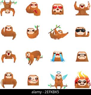 Sloth polygonal big set of flat isolated tree sloth cartoon character emoticons drawn in doodle style vector illustration Stock Vector