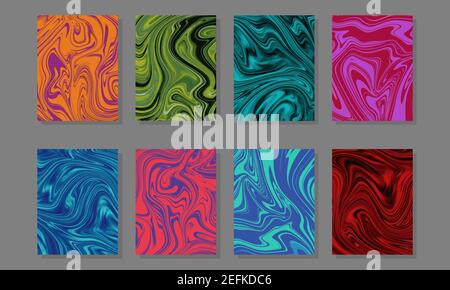 Set of 8 fluid marble abstract background. Modern vector design for for print and web design. Stock Vector
