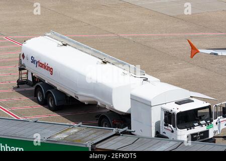 DUESSELDORF, NRW, GERMANY - JUNE 18, 2019: Tank truck of aviation fuel services on an airport runway Stock Photo