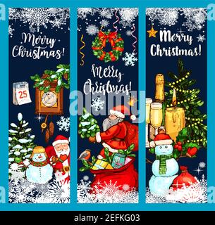 Merry Christmas greetings for winter holiday card design template. Vector sketch Santa and snowman with gifts bag, New Year calendar and clock on Chri Stock Vector