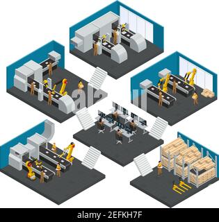 Electronics factory isometric multistory composition with staff working in highly technological robotic equipment vector illustration Stock Vector