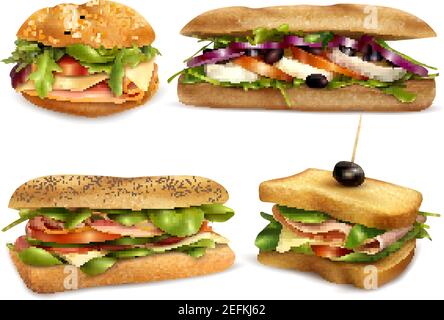 Fresh healthy whole grain sandwiches set with cheese ham mozzarella tomatoes onion and olives realistic vector illustration Stock Vector