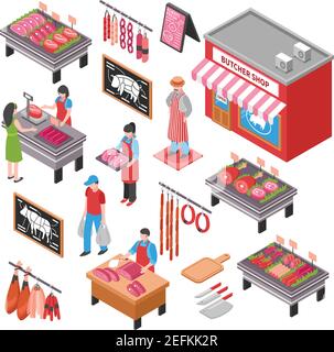 Butcher shop isometric set with sellers and customers meat products knives and cutting board isolated vector illustration Stock Vector