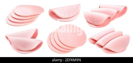 Boiled sausage slices isolated on white background Stock Photo