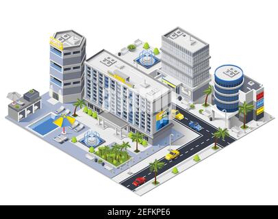 Luxury hotel buildings isometric composition with swimming pool and relaxation area vector illustration Stock Vector