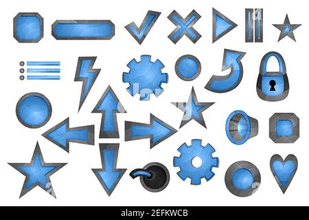 Big set of gaming elements isolated on white background. Design for computer game. Symbols and icons. Collection of buttons play for games and app Stock Vector