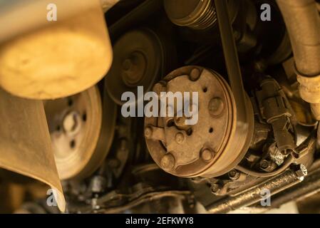 Pulleys and belts on the car engine Stock Photo