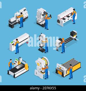 Metalworking people isometric set with factory worker characters and isometric images of industrial metal-working machinery vector illustration Stock Vector