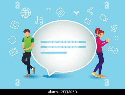 Modern flat design vector illustration, live chat concept of young people using mobile smart phones for sending messages Stock Vector