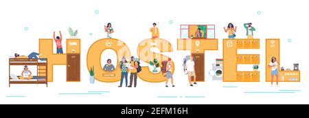 Hostel typography banner, flat vector illustration. Budget tourists, students living in cheap hotel, dormitory room. Stock Vector