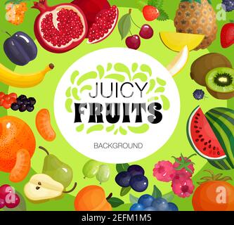 Juicy tropical fruits and fresh berries composition decorative square frame background poster with pomegranate and raspberry vector illustration Stock Vector