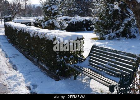 Bench at City Park under Snow Stock Photo