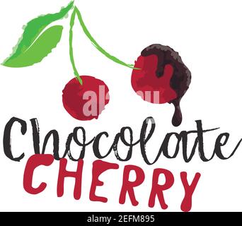 Cherry berries with chocolate fruit label and sticker. Vector illustration in watercolor style, for graphic and web design Stock Vector