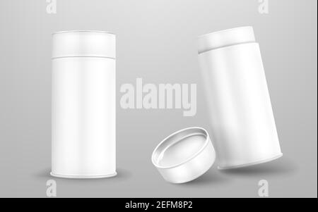 White paper tube, cardboard cylinder box with closed and open cap. Vector realistic mockup of carton round container, blank package tubus for food isolated on gray background Stock Vector