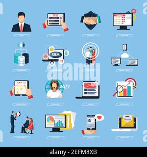 Set of flat icons with crm system including support customer database statistics and analysis isolated vector illustration Stock Vector