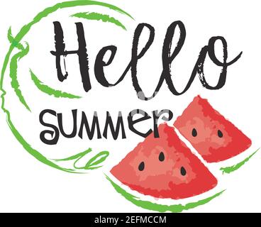 Watermelon fruit label and sticker - Hello Summer. Vector illustration in watercolor style, for graphic and web design Stock Vector