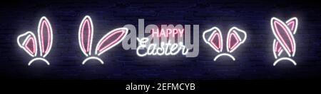 Pink and white neon rabbit ears set and Happy Easter text isolated on dark blue brick background. Vector illustration Stock Vector