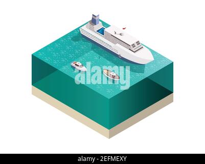 Ships tourists composition with isometric image of water and passenger ocean-going ship with cruisers awash vector illustration Stock Vector