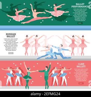 Horizontal flat banners set with ballet performance russian school and lovers of classic dance isolated vector illustration Stock Vector